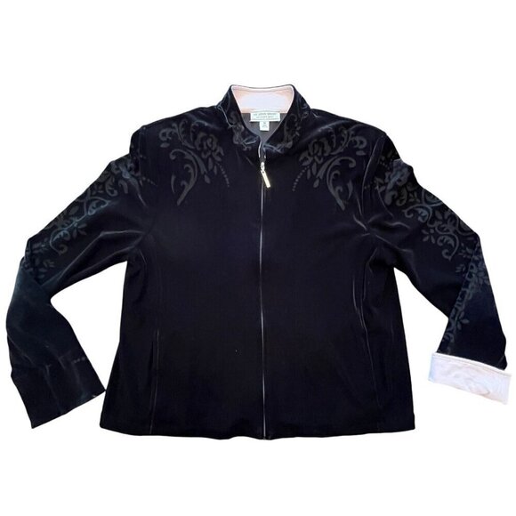 St John Sport Marie Gray Track Jacket M Full Zip Black Velvet Scroll Pink Trim - Picture 2 of 16